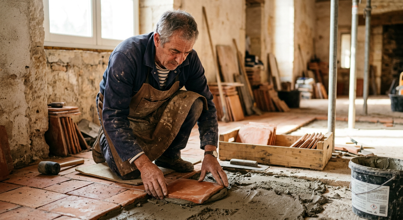 Artisan carreleur en tablier de travail posant du carrelage terracotta sur un chantier de rénovation