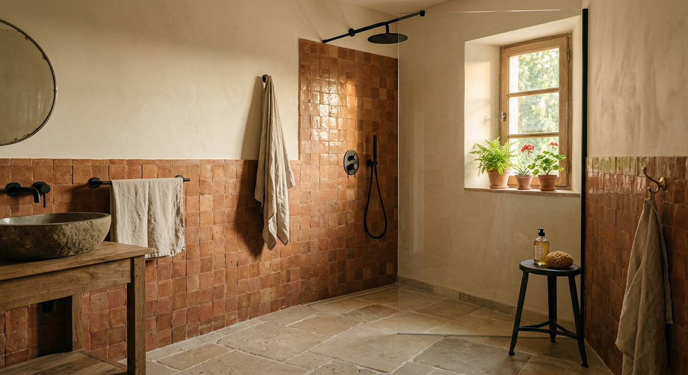 Salle de bain rénovée avec carrelage en zellige terracotta, exemple de chantier publié sur une page wepa.casa