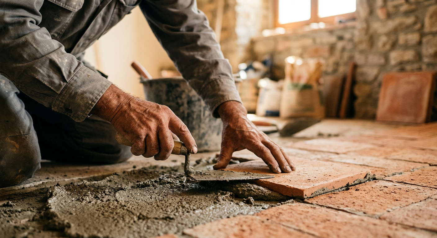 Photo du chantier : pose de carreaux terracotta à la main, exemple inclus dans la page publiée