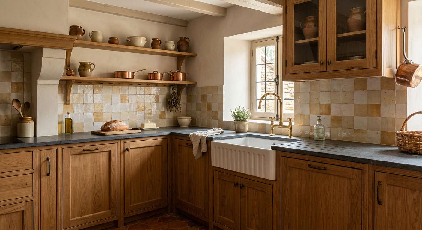 Cuisine rénovée avec crédence en carreaux de céramique artisanale et robinetterie en laiton