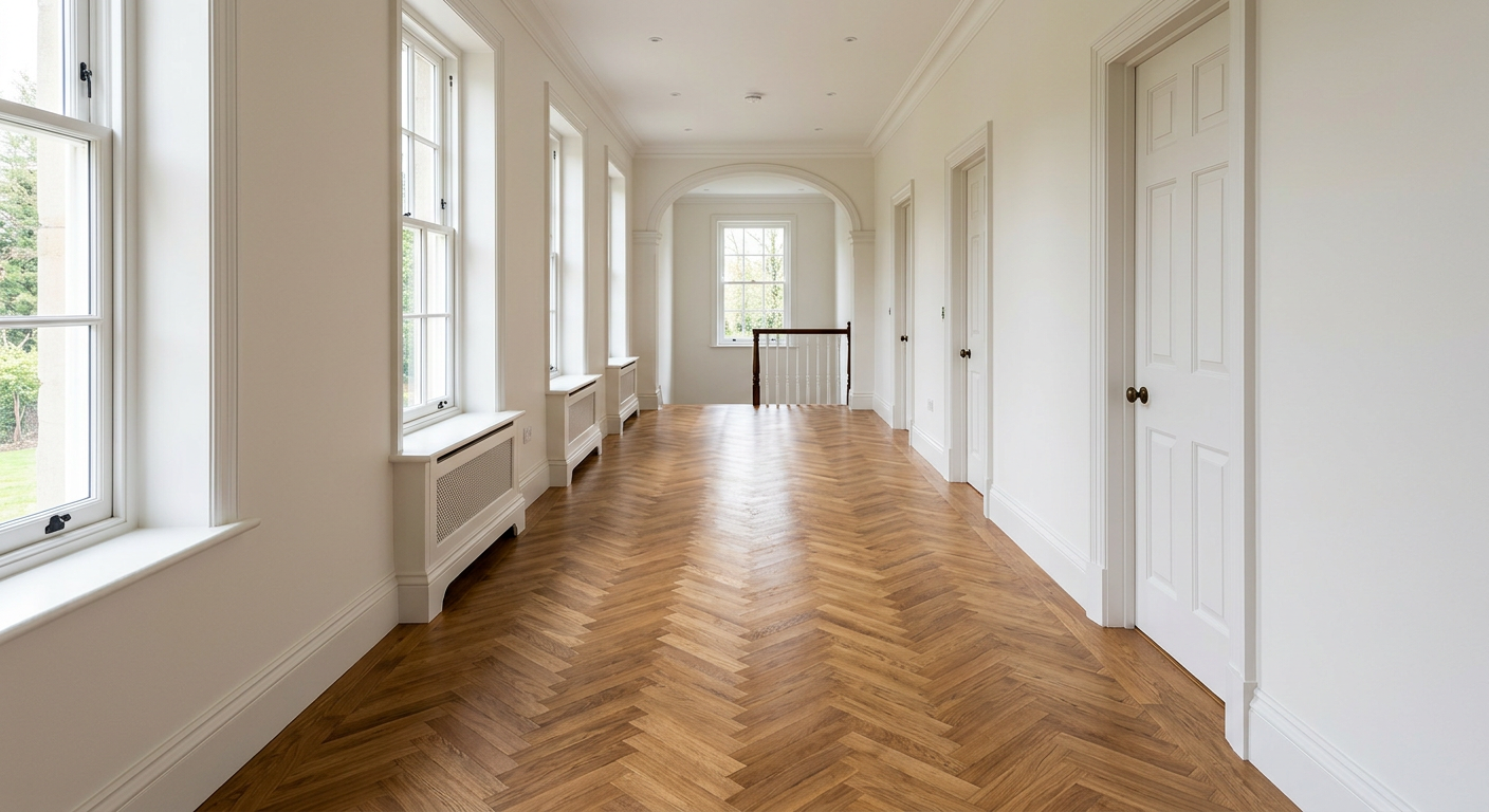 Couloir rénové avec parquet en point de Hongrie neuf et murs blancs, exemple de page wepa.casa